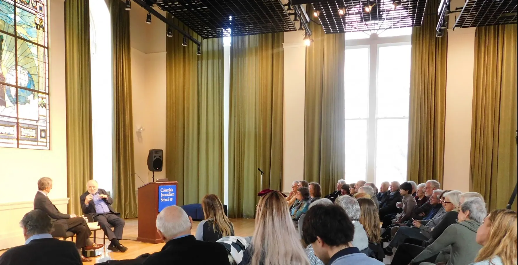 Professor Emeritus Victor Navasky interviewed by Professor Emeritus Michael Rosenthal in the World Room in Pulitzer Hall.